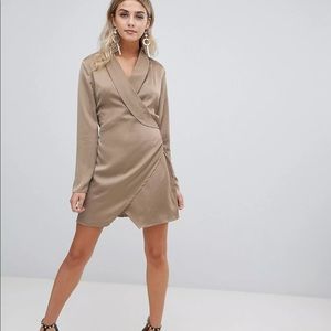 Missguided Khaki Textured Satin Collar Wrap Ruched Shift Dress